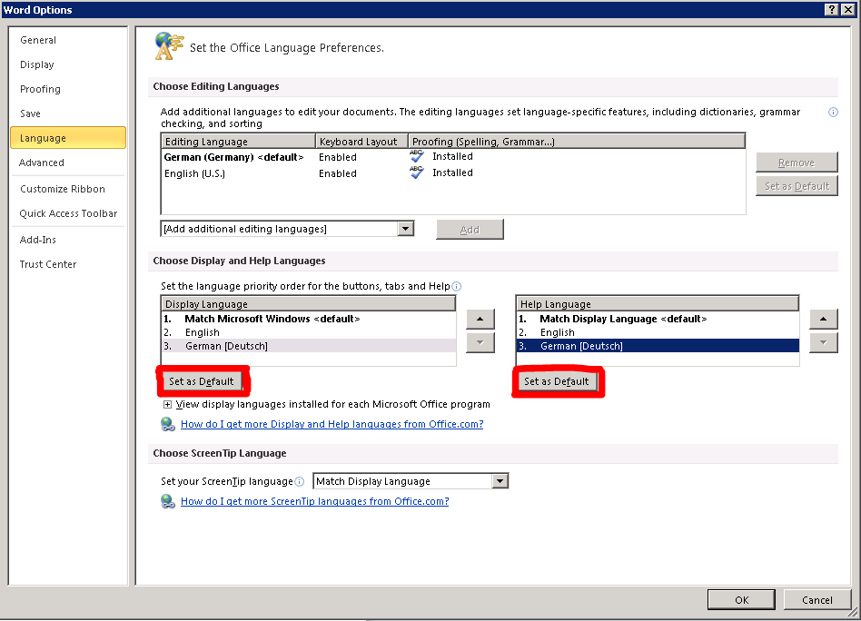 change language in excel