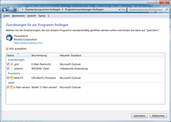 Alle Auswählen, damit Thunderbird als Standard für Emails usw. definiert wird